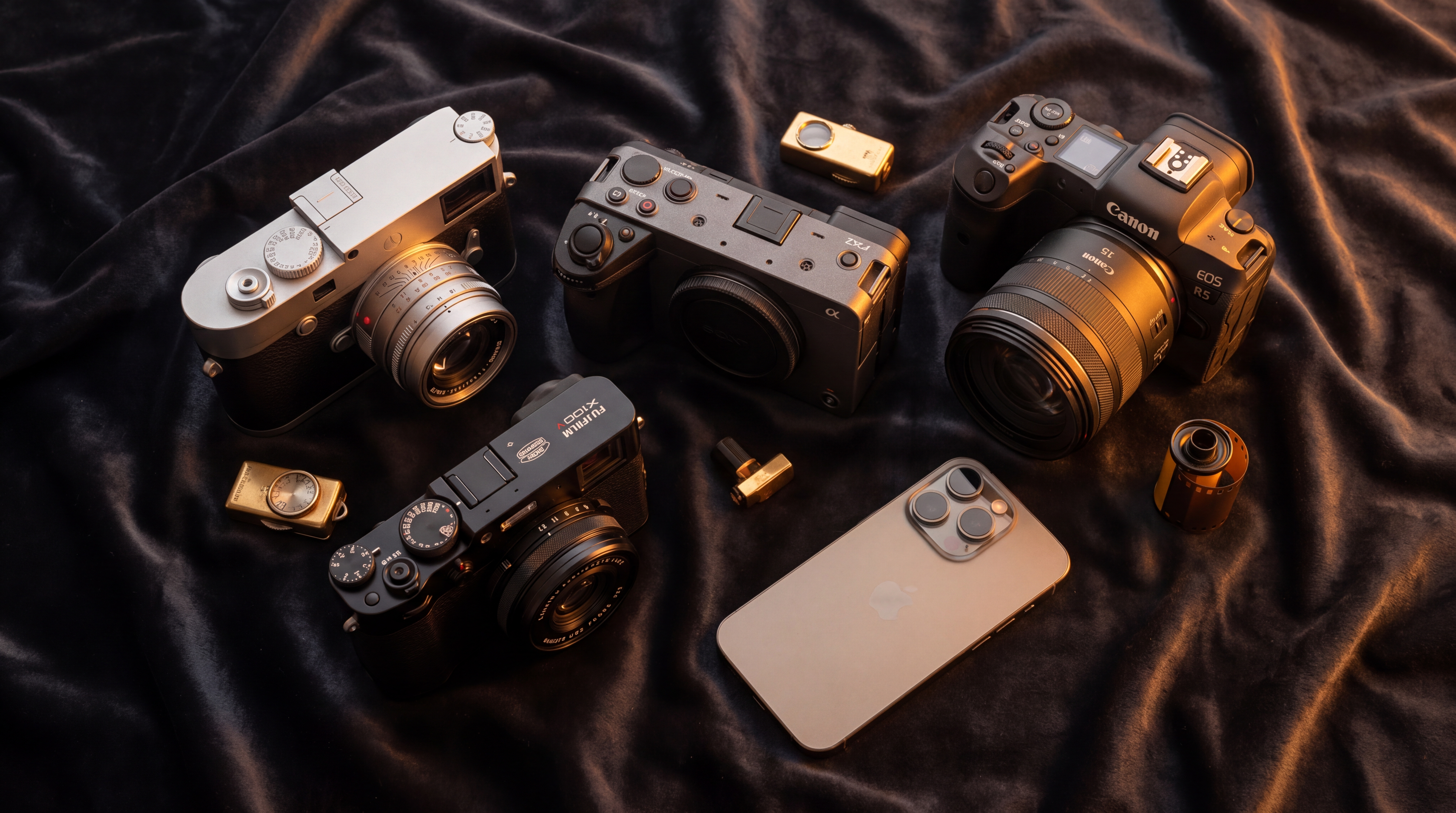 Collection of legendary camera bodies on dark velvet