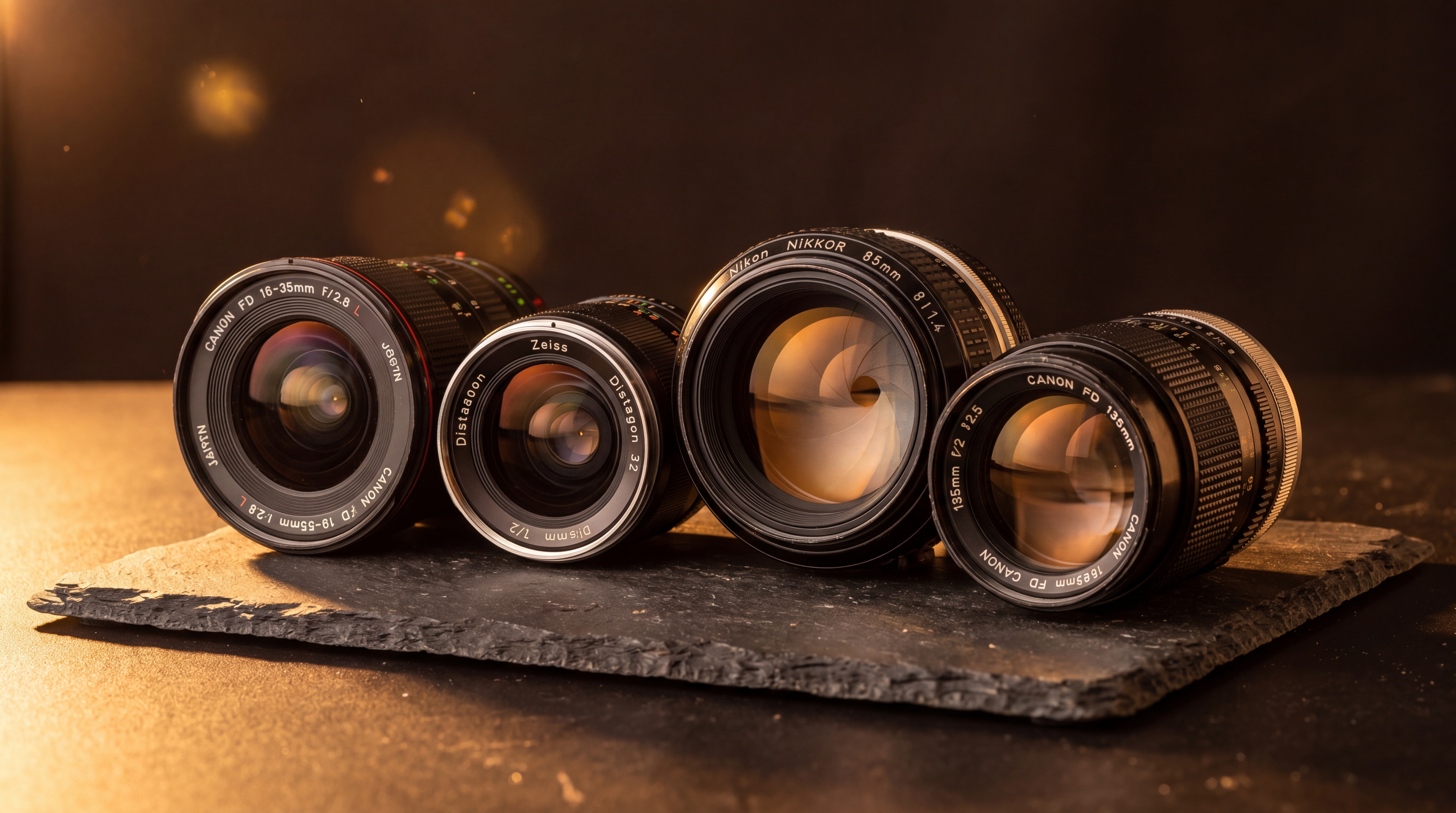Premium camera lenses arranged on dark slate